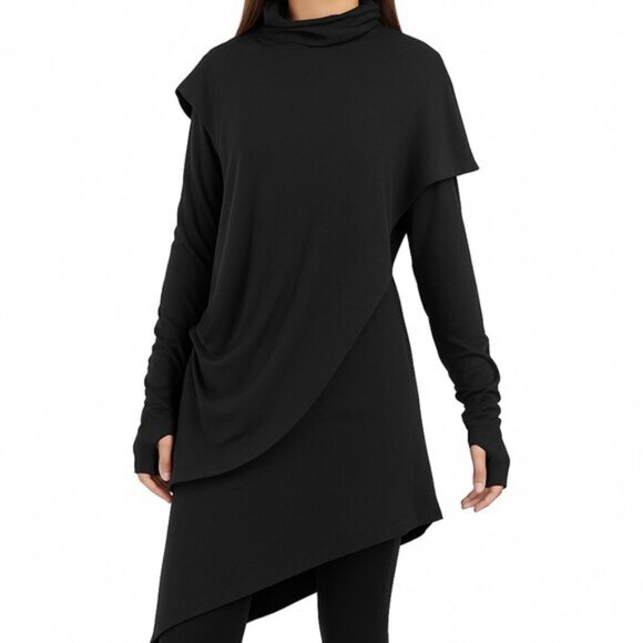 Asymmetrical Solid Black Mock Neck/Turtleneck Dress - Picture 1 of 4